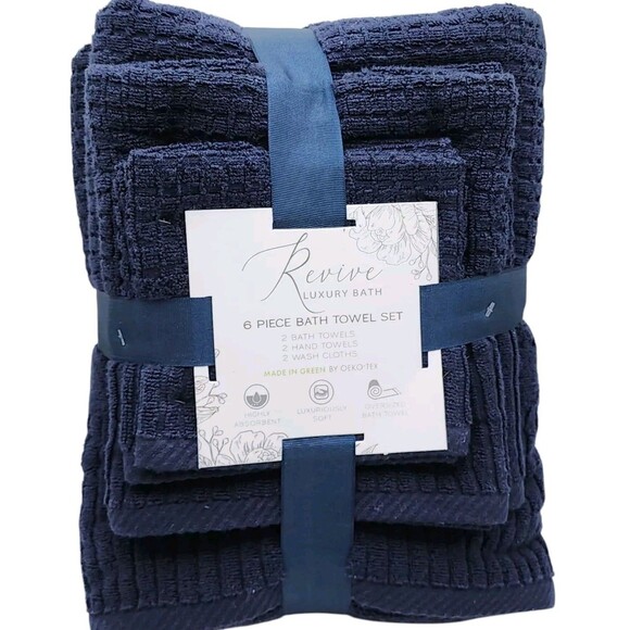 Revive Luxury Bath 6pc Blue Cotton Towel Set Zero Twist 2Bath 2Hand 2Washcloths - Picture 7 of 7